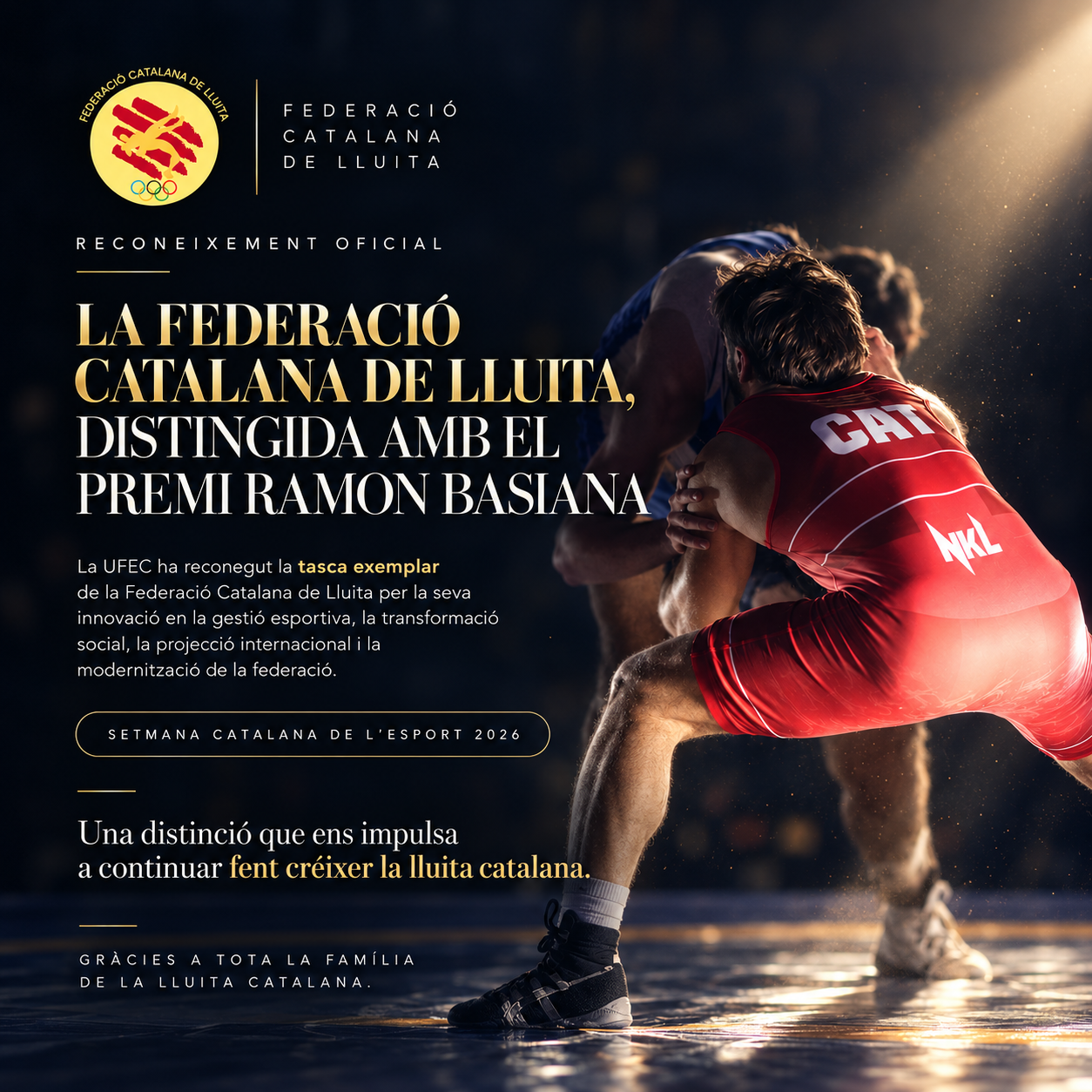 LA FEDERACIÓ CATALANA DE LLUITA, DISTINGIDA AMB EL PREMI RAMON BASIANA 2026